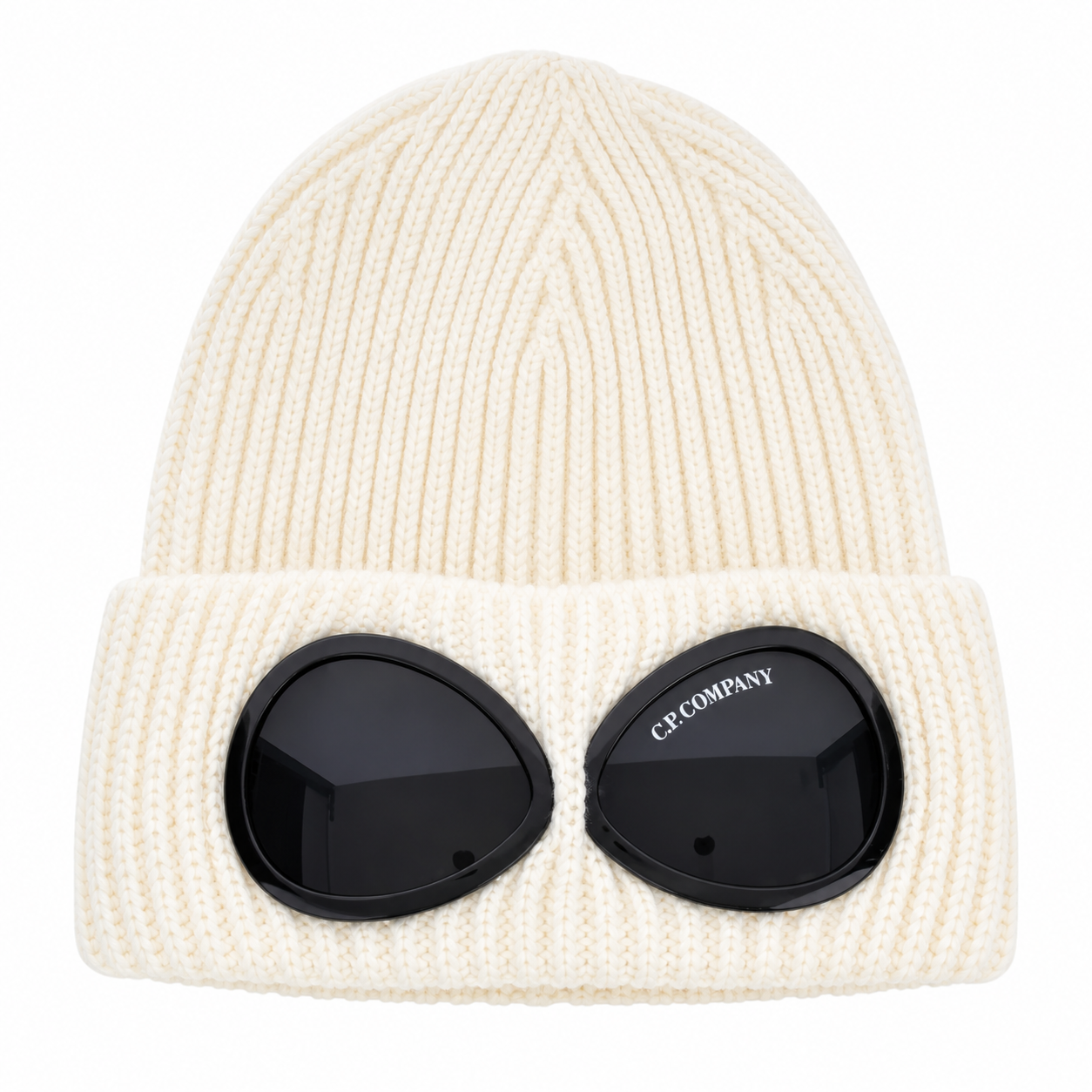 White wool beanie hat with googles